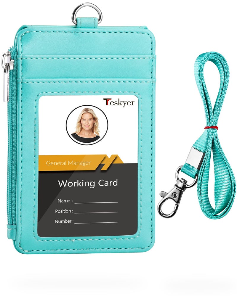 Teskyer Badge Holder with Side Zip Pocket, Multiple Card Slots Leather ID Holder Wallet with Neck Lanyard for Office Staffs, Teachers/Students, Couriers, Workers, Cyan - Image 1